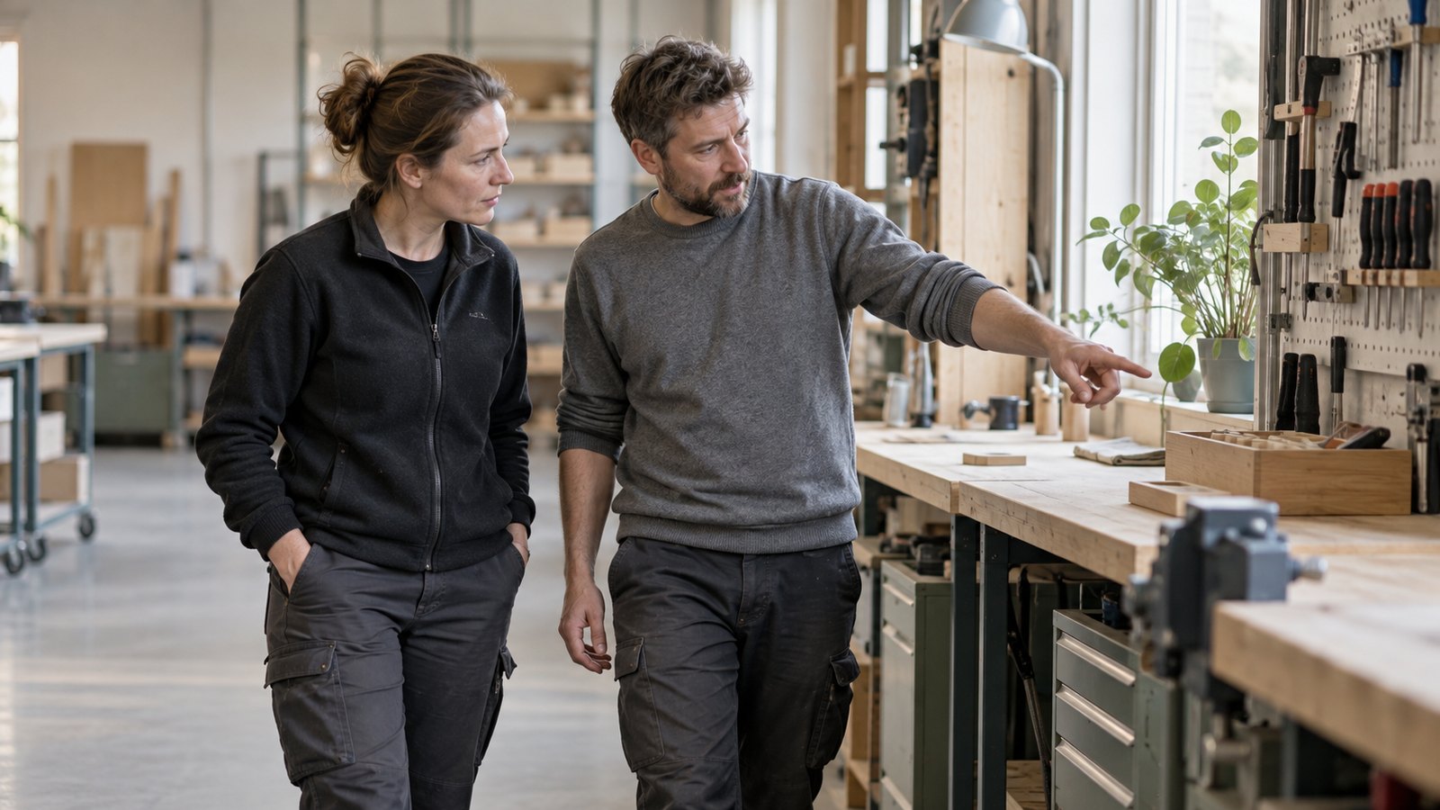 To kolleger går gjennom forhold på arbeidsplassen og tar opp et forbedringsbehov.